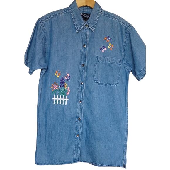 Vintage Jean Button Up Top Embroidered Garden and Butterflies Women's Small - Picture 1 of 6